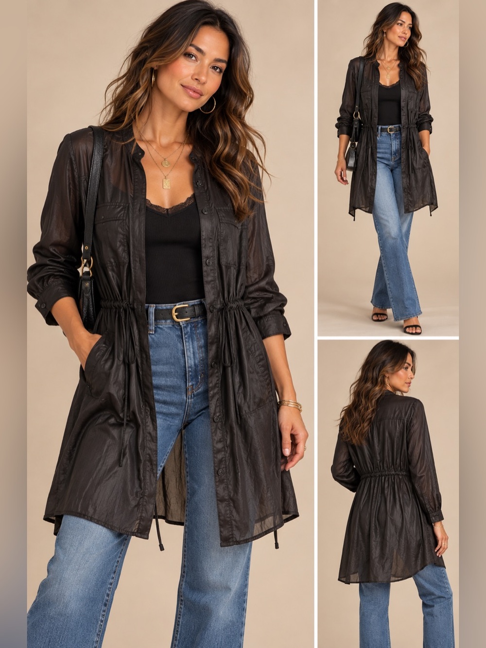 BCBGMaxAzria Black Drawstring‑Waist Utility Jacket